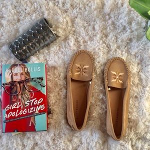 Tan suede embroidered flats